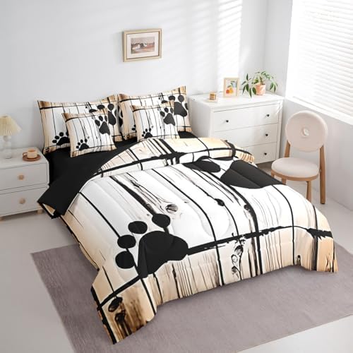 Erosebridal Bear Paw Print Bed in A Bag with Sheets Full Vintage Wooden Boards 7 Piece Comforter Set Woodland Wildlife Bedding Set for Kids Boys Girls,Rustic Farmhouse Bedding Comforter Sets