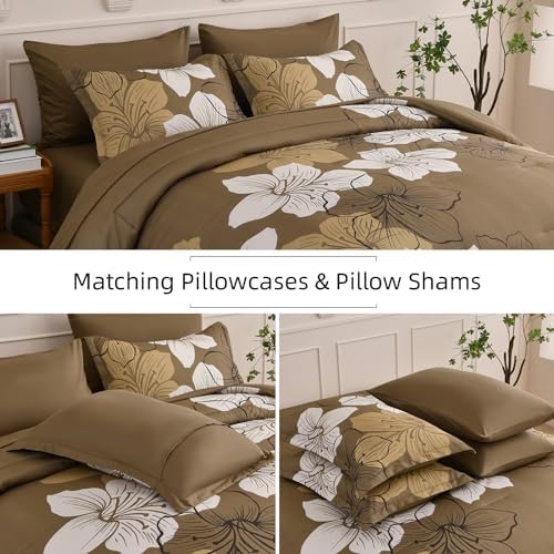Luxudecor Brown King Size Comforter Set, 7 Pieces Floral Bed in a Bag