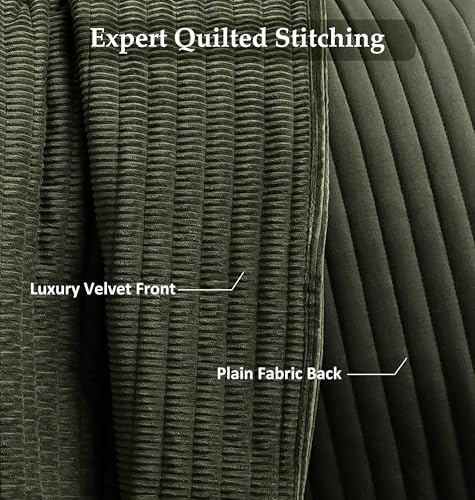 WDCOZY Velvet Queen Size Quilt Set - Olive Green Striped Soft Lightweight Bedspread, Dark Green Neutral Ribbed Farmhouse Country Rustic Coverlet, Modern Bedding Warm Thin Comforter, 3 Pieces