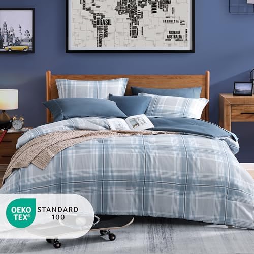 Plaid Twin XL Comforter Set Light Blue 5 Pieces College Dorm Bed in a Bag