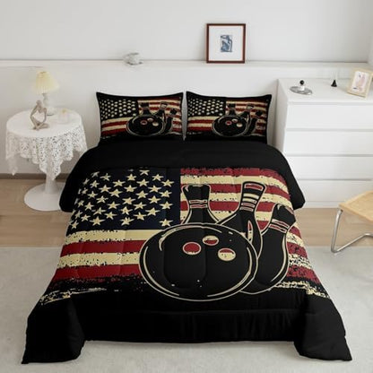 Erosebridal American Flag Comforter Bowling Bedding Twin 2pcs Sports Games Down Comforter for Boys Girls Bedroom Red and White Striped Comforter Set Retro US Flag Decorations, Lightweight Soft