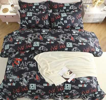 SDY 7PCS Twin Size Gaming Bedding Set - Soft Video Game Comforter Set for Boys, Girls & Kids, Gamer Themed Bed Set with Comforter, Sheets & Pillowcases