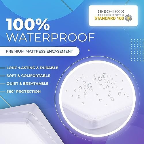 PlushDeluxe Mattress Encasement 100% Waterproof, King, Soft Cotton Terry