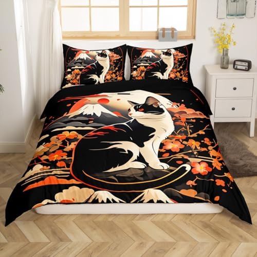 Feelyou Kids Kawaii Cat Anime Duvet Cover Toddler Japanese Retro Funny Cat Bedding Set Boys Girls Japanese Style Comforter Cover Set Japanese Wave Sakura Flower Floral Bedspread Cover（No Comforter