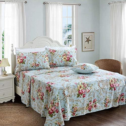 FADFAY Shabby Floral Bedding Elegant Peony Sheets Set Luxury Bedding Collections 800 Thread Count 100% Egyptian Cotton Deep Pocket, 4 Piece-Twin XL Size