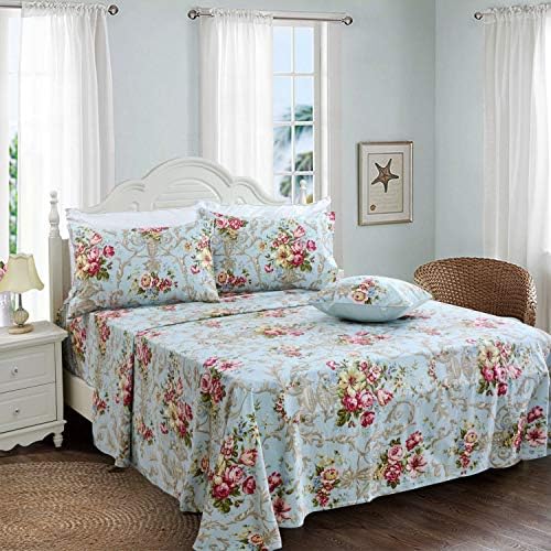 FADFAY Shabby Floral Bedding Elegant Peony Sheets Set Luxury Bedding Collections 800 Thread Count 100% Egyptian Cotton Deep Pocket, 4 Piece-Full Size