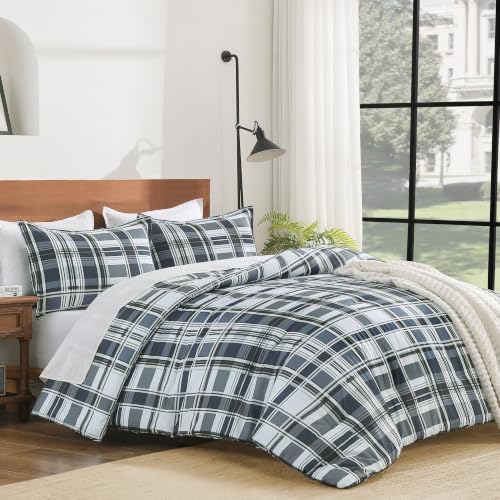 Andency Navy Plaid Comforter Set Queen, Gingham Checkered Grid Bedding Set