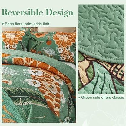 Tyrot 3 Piece Sage Green Butterfly Full/Queen Quilt Bedding Sets