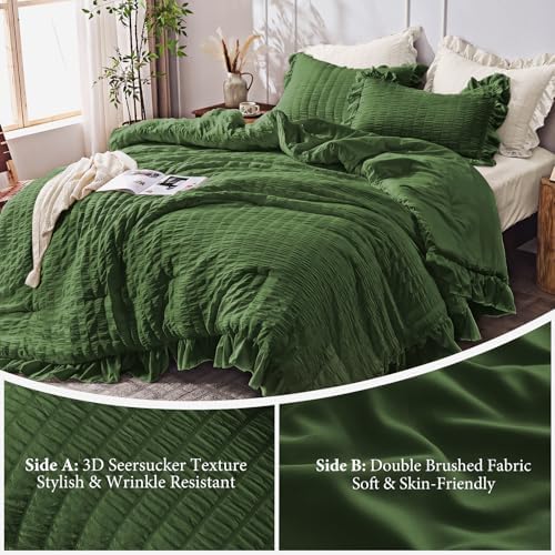 JOLLYVOGUE Dark Green King Comforter Set, 3 Pieces Seersucker Comforters King Size, Lightweight & Fluffy Bedding Sets King for All Season with 1 Ruffle Comforter and 2 Ruffle Pillowshams