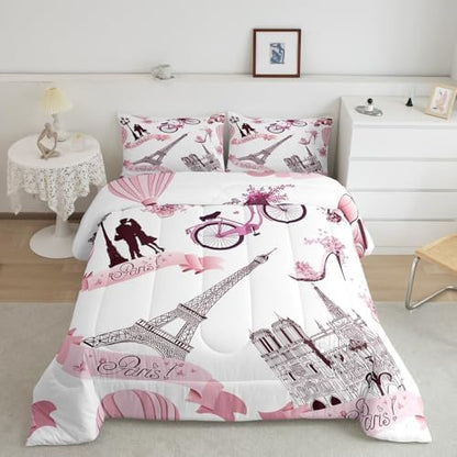 Paris Bedroom Comforter Set Twin France Eiffel Tower Bedding Set for Kids Girls Women Bedroom Decor Pink Butterfly Tower Down Comforter Romance Couple Travel Quilt Duvet Sets with 1 Pillow Case White