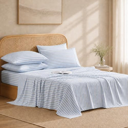 ROSE&RISY Blue Stripe Queen Sheet Set, 4 Pieces Soft Bedding Striped Queen Sheet Set, Breathable and Cooling,Includes 1 Fitted Sheet, 1 Flat Sheet, 2 Pillowcases - Deep Pocket (Blue Stripe, Queen)