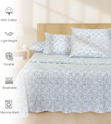 RUVANTI 100% Cotton Twin Sheets, Percale Twin Sheet Set, Fleur & Field
