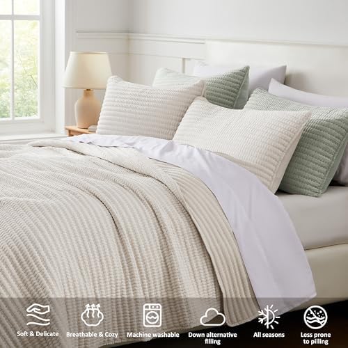 WDCOZY Beige King Size Pick Stitch Quilt Set, 3 Pieces 104x90 inches