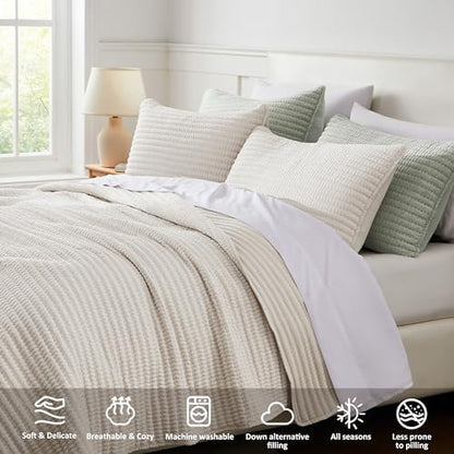 WDCOZY Beige King Size Pick Stitch Quilt Set, 3 Pieces 104x90 inches