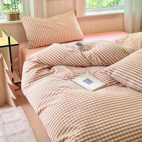 LifeTB Pink Gingham Comforter Set King Modern Style Pink Plaid Comforter Set Fluffy 3 Pieces Grid Checkered Pattern Boho Comforter with 2 Pillowcases Farmhouse Gingham Plaid Bedding Set King