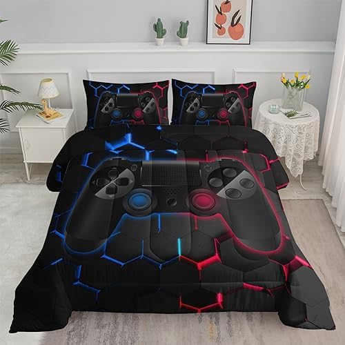 Axolotl Gamer Comforter Sets Full,Geometric Honeycomb Gaming Bedding Sets,Video Games Comforter,Gaming Bedding Set,Game Console Comforter Set for Kids Boys Girls Teens,1 Quilt 2 Pillowcases,Blue Red