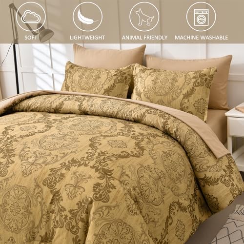 WONGS BEDDING Gold Comforter Set King Size, Damask Texture Design 7 Pieces Bed in a Bag Microfiber Comforter Bedding Sets -1 Comforter, 1 Flat Sheet, 1 Fitted Sheet, 2 Pillow Shams,2 Pillowcases
