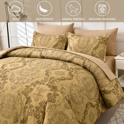 WONGS BEDDING Gold Comforter Set King Size, Damask Texture Design 7 Pieces Bed in a Bag Microfiber Comforter Bedding Sets -1 Comforter, 1 Flat Sheet, 1 Fitted Sheet, 2 Pillow Shams,2 Pillowcases