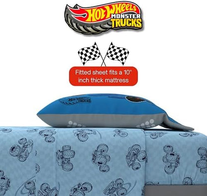 Monster Trucks x Hot Wheels Bedding Set, Full Size 7 Piece Set Kids Super Soft Cozy Reversible Comforter and Sheet Set with Sham, (100% Officially Licensed Product) by Franco