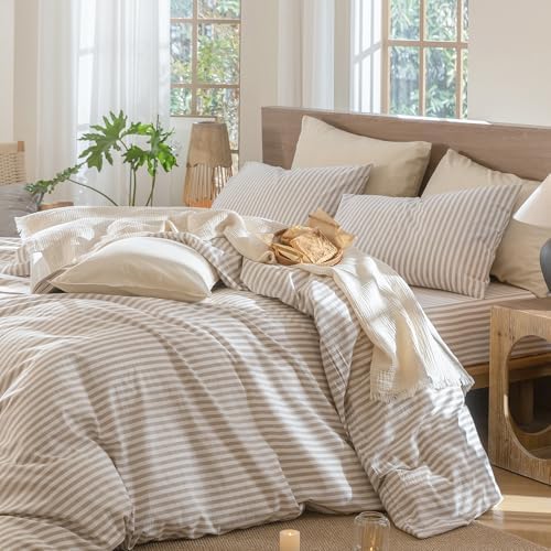 MooMee Striped Duvet Cover Set 100% Washed Cotton Linen Like