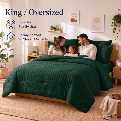 CozyLux Oversized King Comforter Set 120x98, 7Pcs Emerald Green Seersucker
