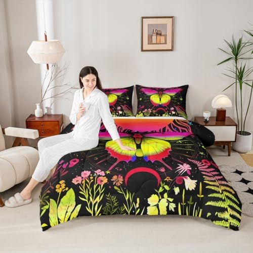 Sun and Moon Comforter Set Twin Rainbow Moth Bedding Sets Hippie Psychedelic Floral Botanical Comforter for Girls Teen Women,Trippy Galaxy Stars Planet Quilt Duvet Colorful 1 Pillow Case