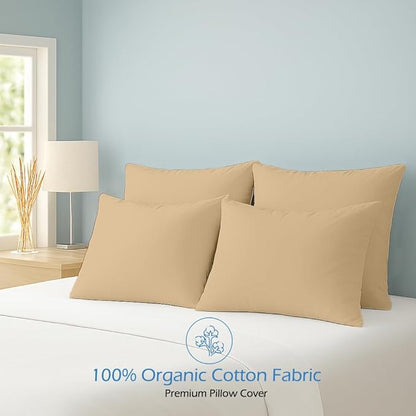 Comfort Beddings Queen Pillowcases Set of 4 – 100% Organic Cotton, 600 Thread Count Sateen, Soft & Comfy Pillow Covers with Envelope Closure, Taupe, Queen Size 20 x 30 Inches