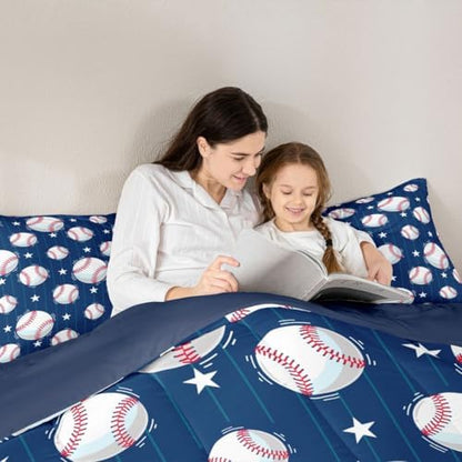 Baseball Comforter Set King Size,Ball Sports Games Bedding Set 3pcs for Kids Boys Teens Room Decor,Geometric Star Navy Blue Stripes Quilted Duvet Modern Fashion Bedspread with 2 Pillowcases