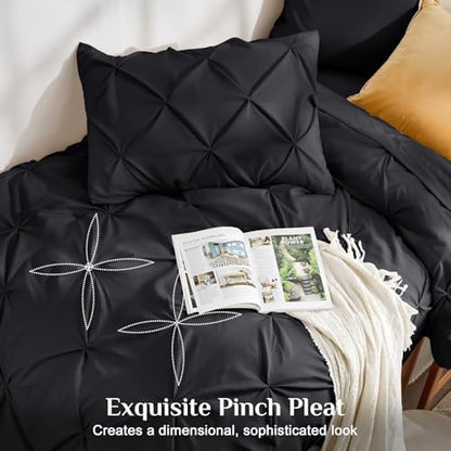JOLLYVOGUE Twin Comforter Set 5 Pieces - Bed in a Bag Twin for All Season, Pintuck Bedding Comforter Sets with Comforter, Flat Sheet, Fitted Sheet and Pillowcases & Shams, Black