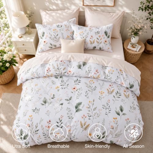 MUXHOMO Garden Leaves Bed in a Bag Queen 7 Pieces, Queen Comforter Set Reversible Botanical Flowers Design, Ultra Soft & Breathable Bedding Sets with Comforter, Sheets, Pillowcases & Shams