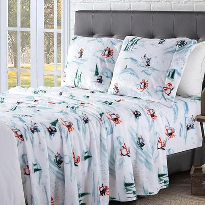 Elegant Comfort Luxuriously Soft 4-Piece Holiday Velvet Plush Flannel Sheet Set - Premium Quality - Cozy Warm, Christmas Fuzzy Velvet Flannel Fleece Deep Pocket Sheet Set - Twin, Skiing Penguins