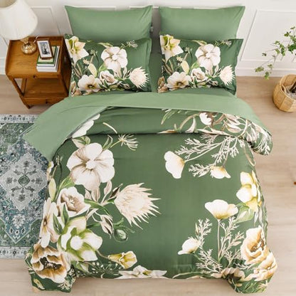 Luxudecor Floral Comforter Set Queen Size 7 Piece, Olive Green Flower Bed in a Bag, Elegant Comforter Bedding Set for All Season (Olive Green, 90"x90")