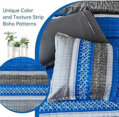 Dintszyayue Blue King Comforter Size Set, 8 Pieces Striped Boho Texture Bed in a Bag Sets, Lightweight Soft Bohemian Comforter and Sheet Set, All Season Microfiber Bedding Sets for Men Women