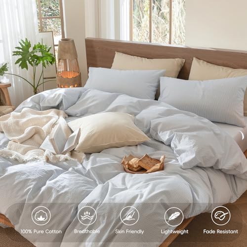 MooMee Striped Duvet Cover Set 100% Washed Cotton Linen Like Full