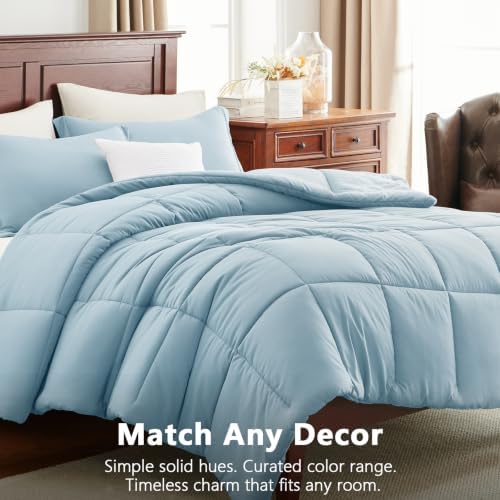 CozyLux Full Size Comforter Sets, 3-Piece Box-Stitched, Light Blue