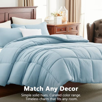 CozyLux King Size Comforter Set, 3-Piece Box-Stitched, Light Blue