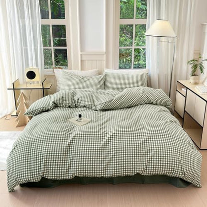 LifeTB Green Gingham Comforter Set King Modern Style Plaid Comforter Set 3 Pieces Boho Grid Comforter with 2 Pillowcases Soft Fluffy Checkered Pattern Comforter Farmhouse Gingham Bedding Set King