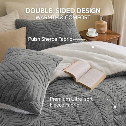 BEDELITE Fluffy Sherpa Twin Comforter Set,Leaf-Grey