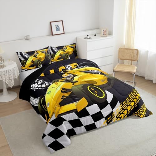 Erosebridal Go Kart Race Car Comforter Set Race Car Bed for Boys Drift Kart Toddler Bedding Sets for Boys,Black White Buffalo Checked Comforter Set Square Grid Plaid Lattice Karting Quilt,Yellow