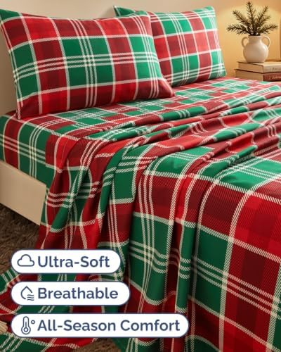 Christmas Sheet Set, Highland Tartan, Holiday Xmas Bedding Set - Queen Size