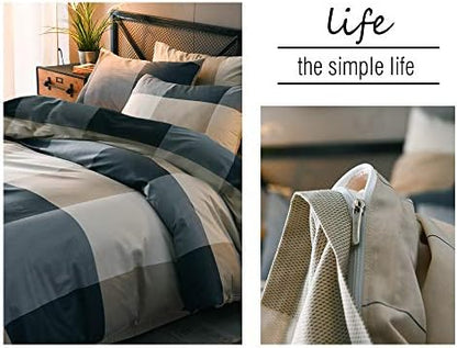 mixinni Queen Size Checkered Duvet Cover Set - 3 Piece Grey Geometric Cotton Bedding Set with Zipper Closure & Corner Ties, 100% Washed Cotton Soft Breathable Duvet Cover for Men, Women, Teens (Queen)