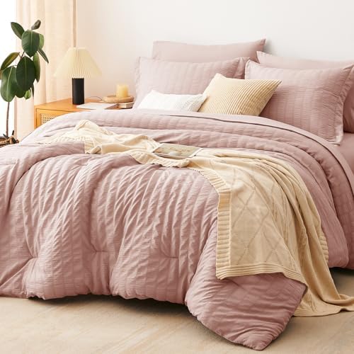 CozyLux Queen Comforter Set, 7 Pieces Rose Gold Seersucker Bed in a Bag