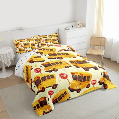 Erosebridal School Bus Comforter Set Toddler for Kids, Cartoon Truck Bedding Set for Boys Girls Teens Youth Bedroom Decor, School Theme Comforter, Yellow Vehicle Quilt with 1 Pillowcase, 2 Pcs