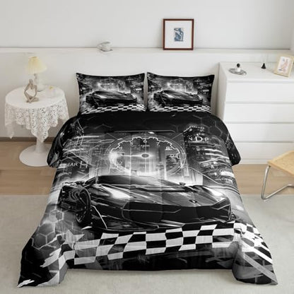 Feelyou Boys Black Race Car Full Size Bedding Set Kids Racing Car Decor Comforter Extreme Sports Car Comforter Set for Teens Honeycomb Grid Car Comforter Quilt Set Car Room Decorations