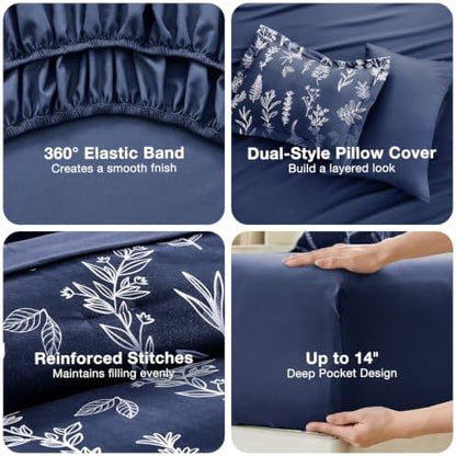 MUXHOMO Navy Blue Cal King Comforter Set, Elegant Floral Print Bed in a Bag 7 Pieces, Ultra Soft & Breathable Reversible Botanical Pattern Bedding Set with Comforter, Sheets, Pillowcases, and Shams