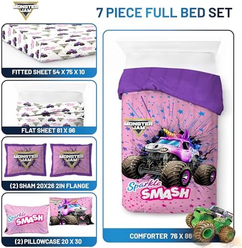 Monster Jam Full Comforter Set 7 Piece Kids Bedding for Girls, Pink