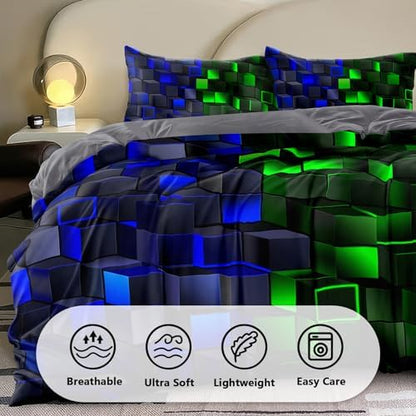 6 Piece 3D Block Comforter Set Full Size for Boys Kids Room Vibrant Red Green Gaming Block Bedding Set Bed in a Bag for Boys Girls Kids Teens Bedroom Decorative Full12