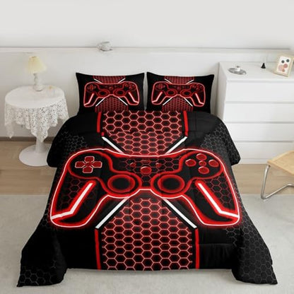 Feelyou Red and Black Bedding Set Twin Size Gamer Comforter Set for Kids