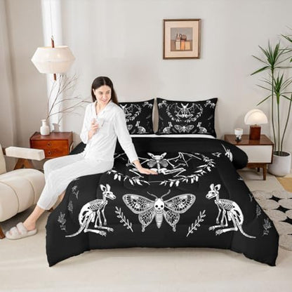 Feelyou Skull Comforter Set Bat Skeleton Comforter Boho Moth Gothic Skull Bedding Set for Kids Boys Girls Adults Halloween Themed Duvet Set Ultra Soft Horror Room Decor Queen Size Quilt Set