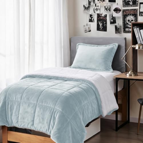 Sherpa Comforter Set Twin XL Size, Light Grey Bedding Set with Sham